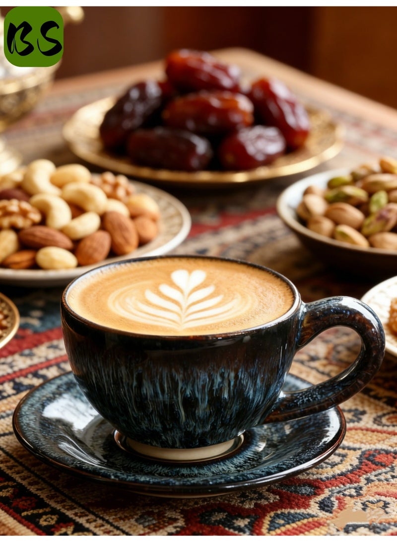 توهج شجاع طقم فناجين قهوة | فنجان شاي فاخر مع صحن، 150 مل/5 أونصة، فناجين قهوة إسبريسو للشاي والكابتشينو واللاتيه والشوكولاتة الساخنة | فنجان قهوة سيراميكي مصنوع يدويًا في الفرن | هدية فريدة لعشاق القهوة - Image 2